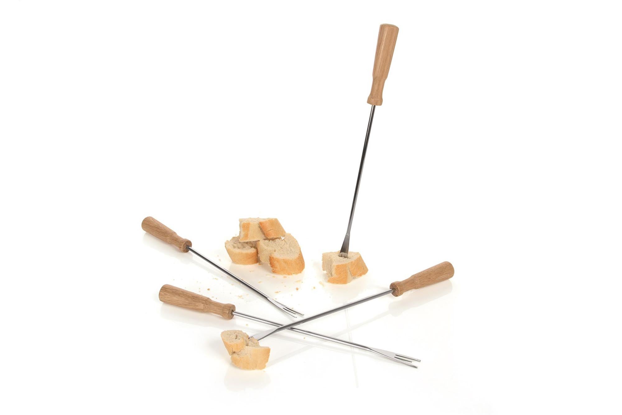 Elegante Fonduegabeln Oslo in Braun mit Edelstahl und Holz, ideal für gesellige Fondueabende. Maße: 285x82x23mm.