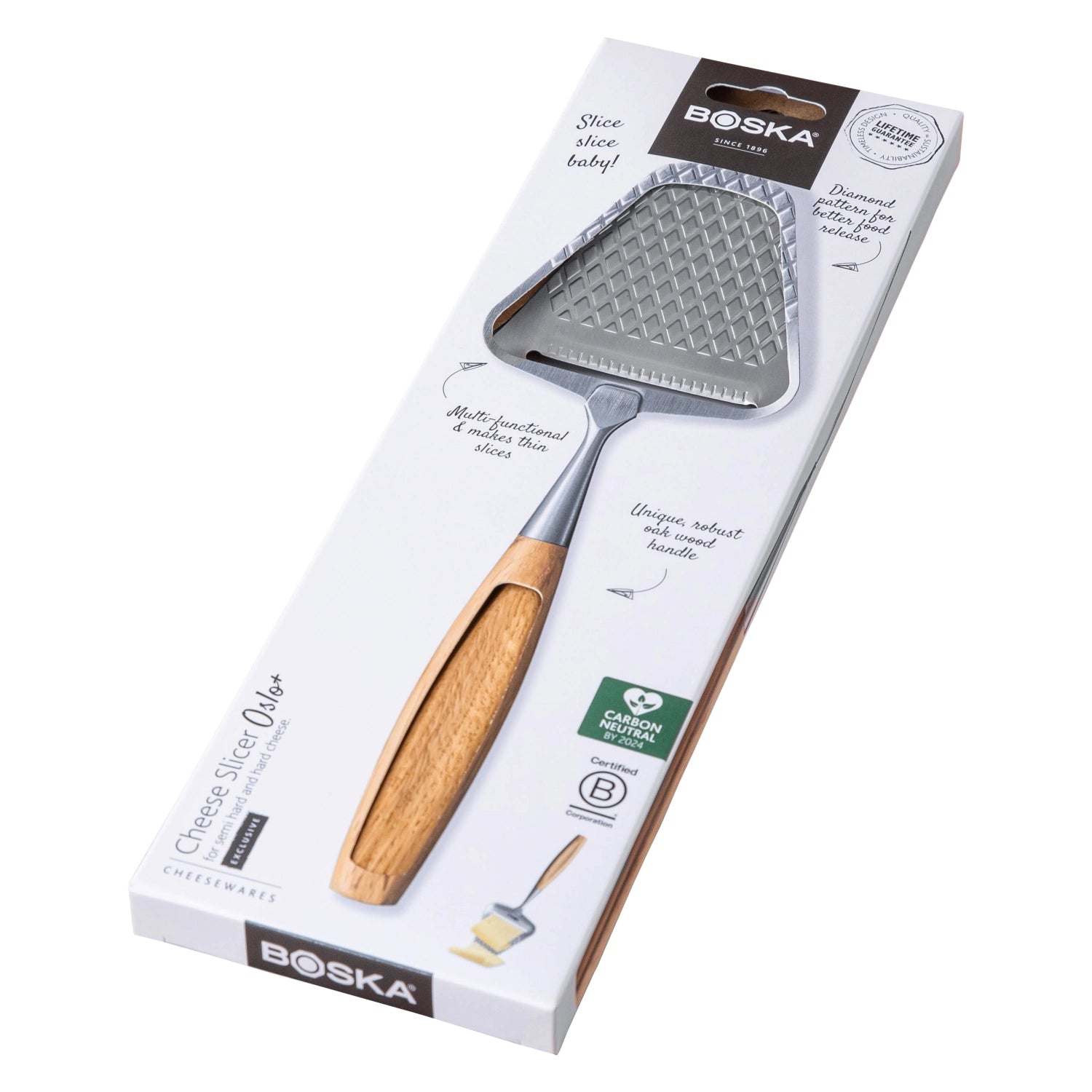 Käsehobel Oslo+ von Boska, perfekt für gleichmäßige Käsescheiben. Maße: L:230xB:75xH:20mm, modernes und funktionales Design für Feinschmecker.