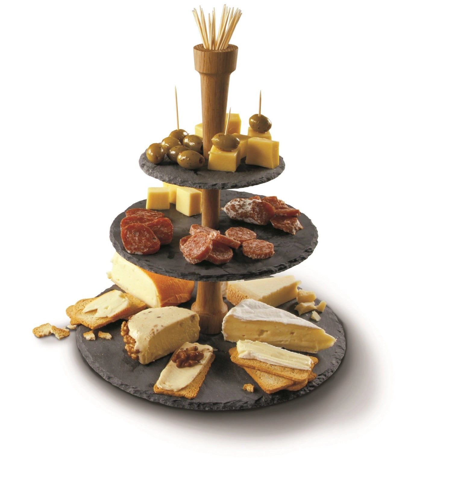 Eleganter Party Tower in Schwarz aus Edelstahl und Schiefer mit Eiche, ideal für stilvolle Snack- und Dessertpräsentationen bei Festlichkeiten.
