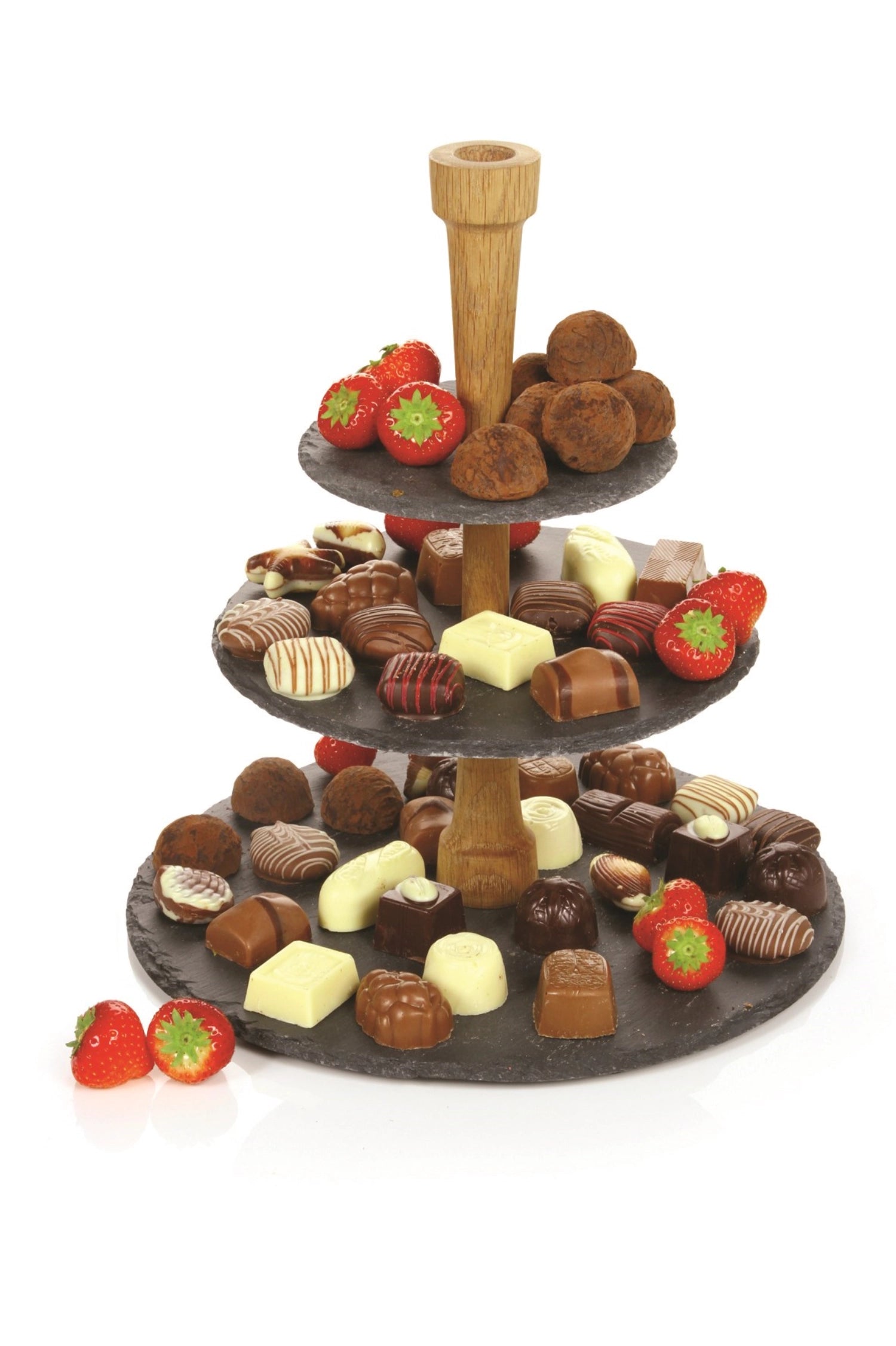 Schwarzer Party Tower aus Edelstahl und Schiefer mit Eiche, perfekt für ansprechende Präsentationen von Torten und Snacks bei Feiern.