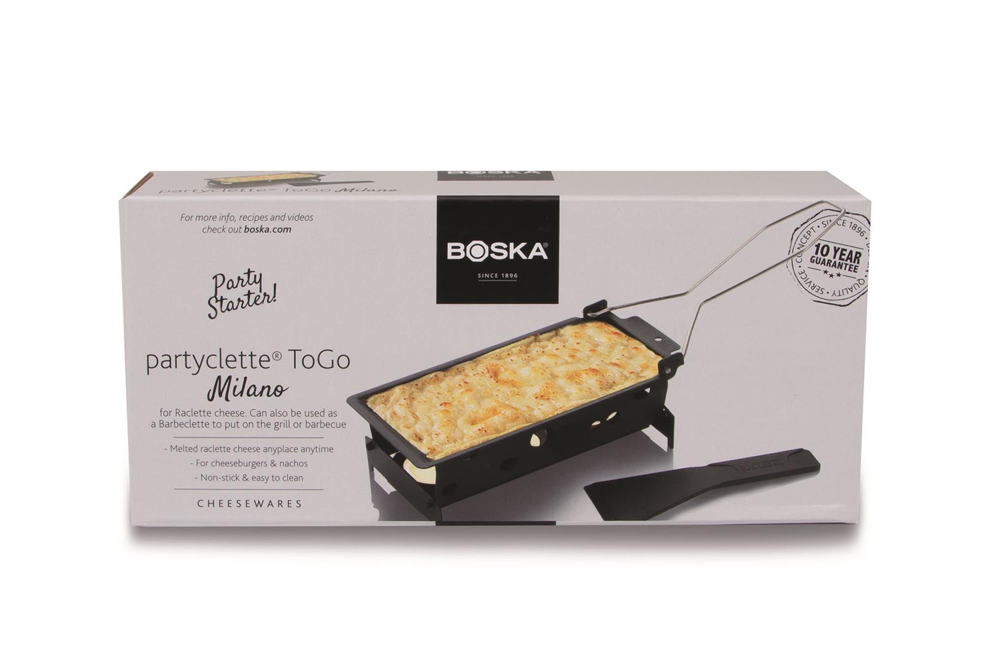 Schwarze Partycl.® ToGo Milano Raclette von Boska aus Edelstahl, ideal für gesellige Abende, kompakt und stilvoll, Maße 185x95x45.