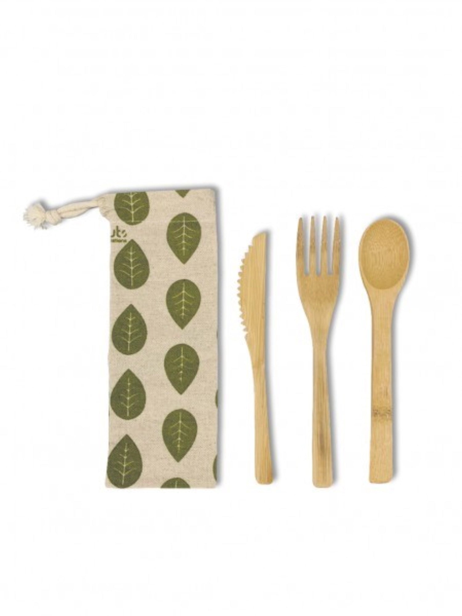 3er Set Bambus Besteck mit Leinenbeutel im Blätterdesign, ideal für umweltbewusste Genießer und Picknicks, 16 cm lang.