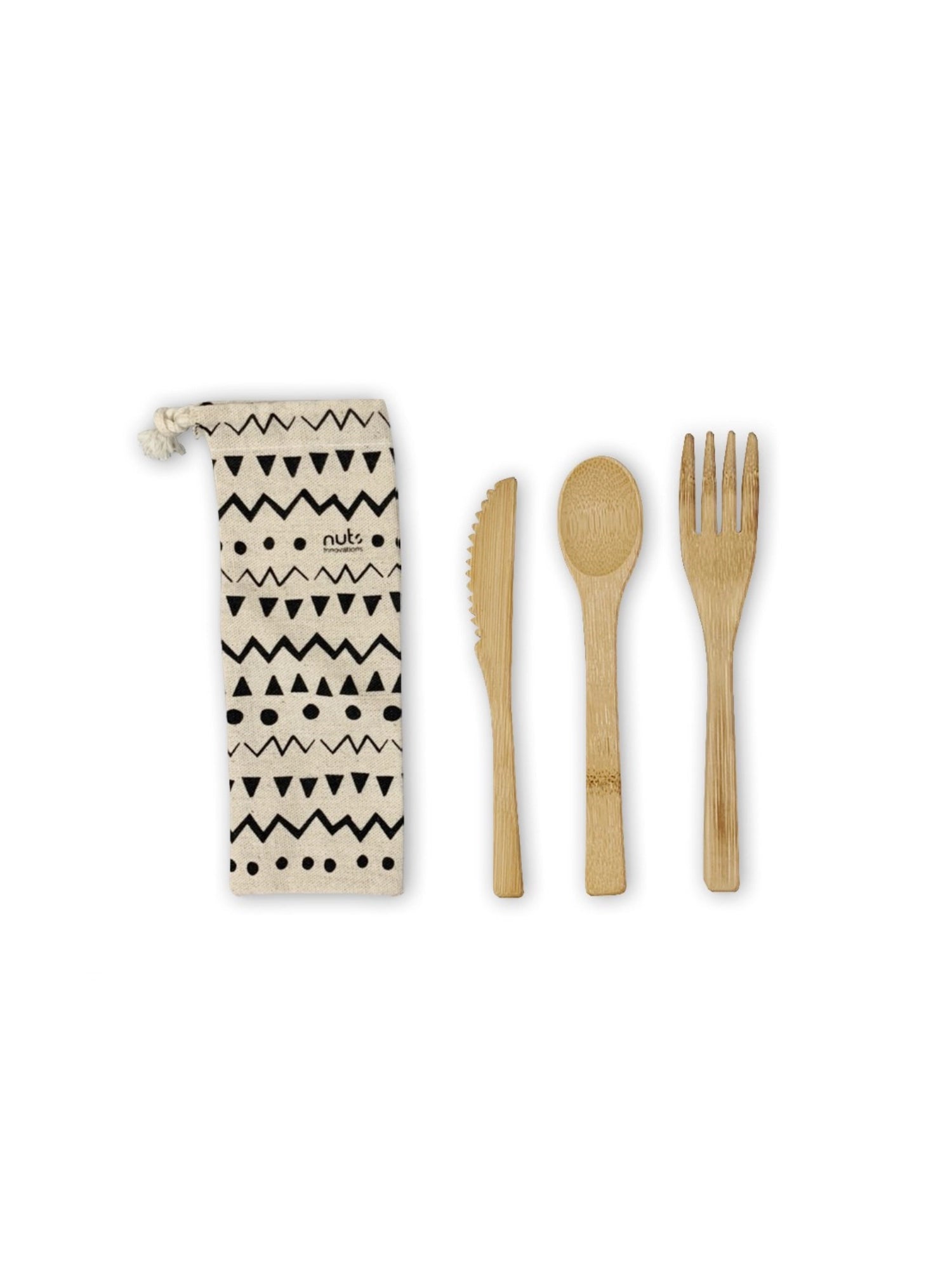 Nachhaltiges 3er Set Bambus Besteck in einem stilvollen Leinenbeutel, perfekt für umweltfreundliche Mahlzeiten und unterwegs, 16 cm.