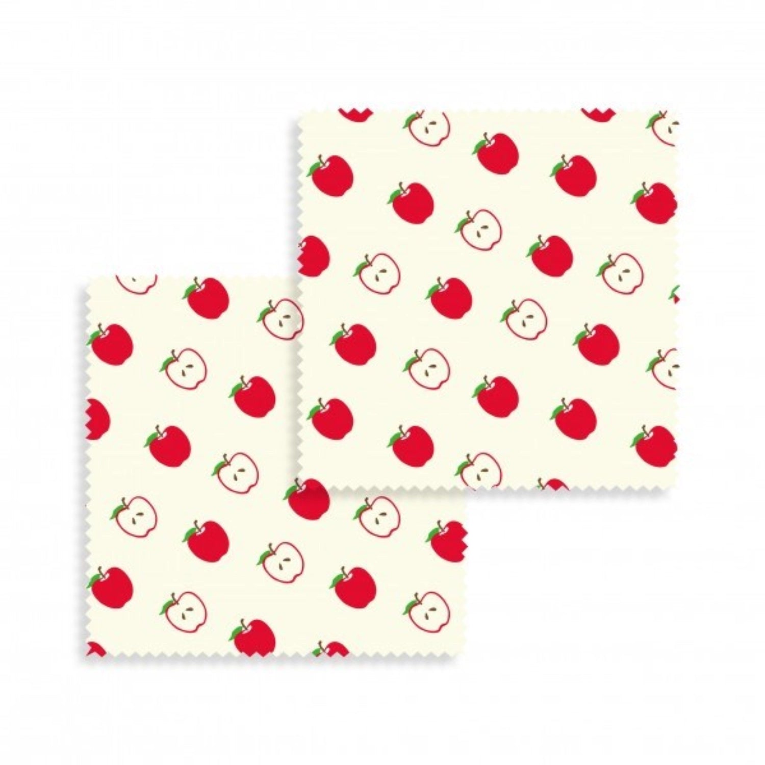 Nachhaltiges 2er Set Bienenwachs Wraps in Apfeldesign, 20x20cm, ideal für die umweltfreundliche Aufbewahrung von Lebensmitteln.