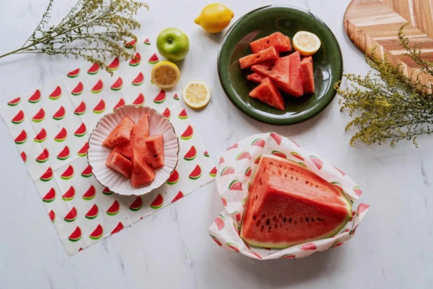 Nachhaltige Bienenwachs Wraps mit Wassermelonen-Muster, 35x35cm.