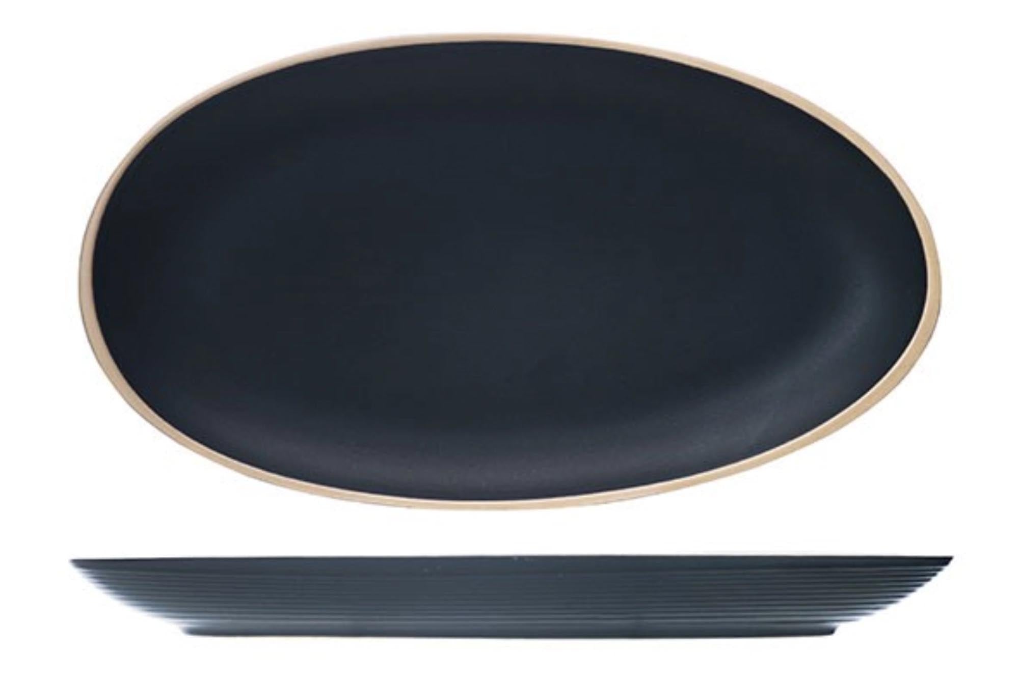 Elegante, ovale Galloway Black Platte (29.5x16 cm) aus robustem Steingut, ideal für stilvolle Speisenpräsentation. Spülmaschinen- und mikrowellengeeignet.