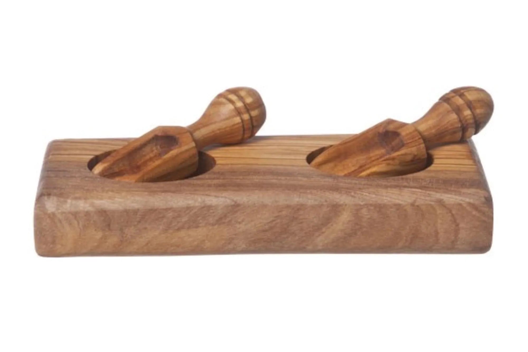 Elegantes Salz- und Pfefferset aus Olivenholz, 14x6 cm, mit Schaufeln für präzises Würzen. Robust, langlebig und antibakteriell.