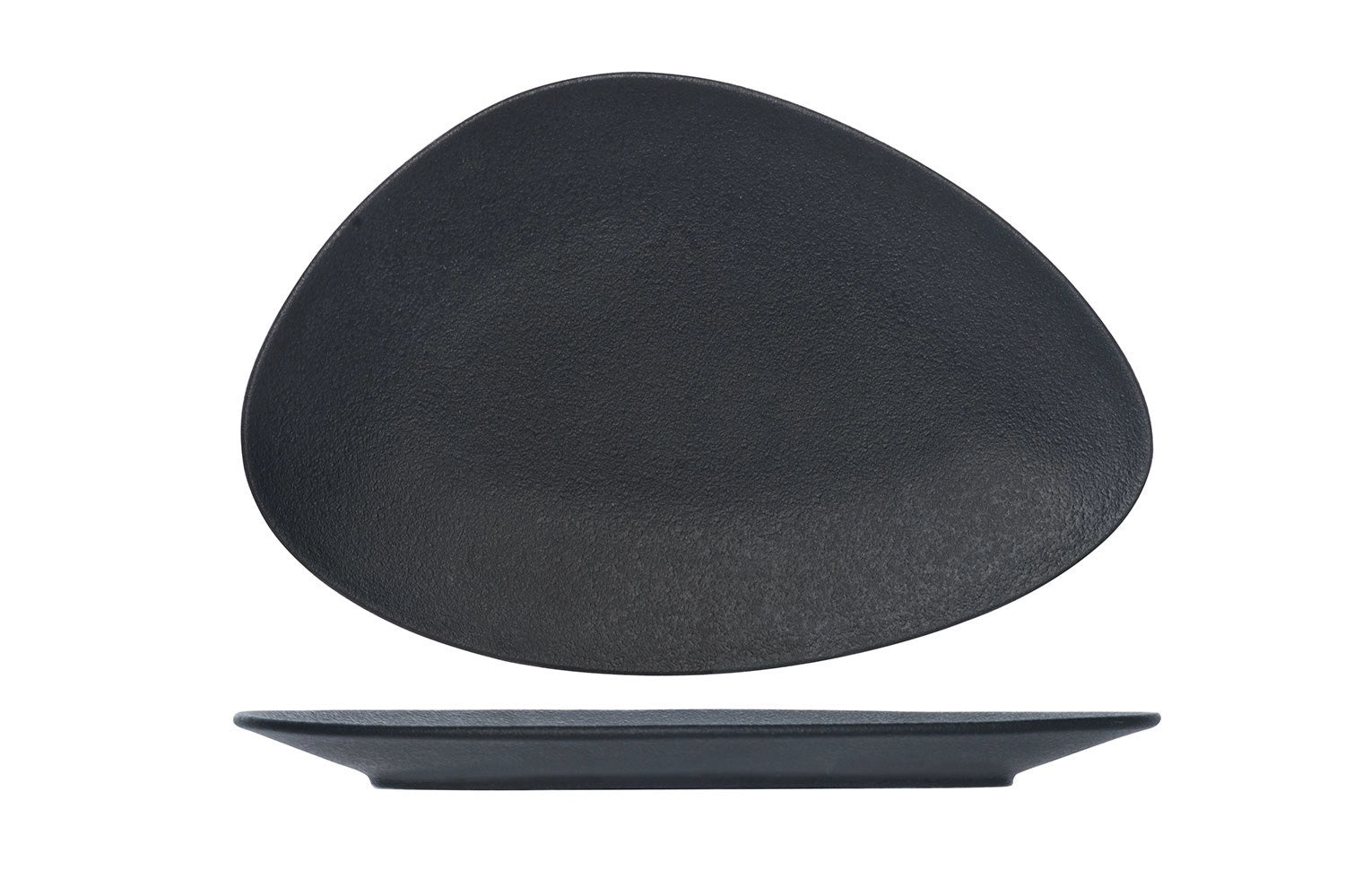 Schwarze Dreiecksplatte von Blackstone, Ø 15 cm, ideal für stilvolle Präsentationen und kreative Anrichteideen.