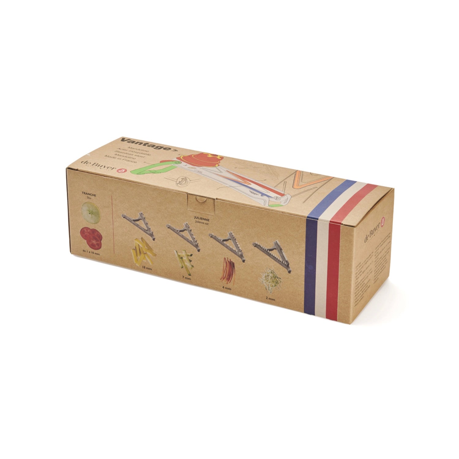 Erleben Sie die Mandoline Vantage von de Buyer: Hochwertiges Edelstahl, 4 Julienne-Einsätze und sicheres, ergonomisches Design für vielseitige Zubereitung.