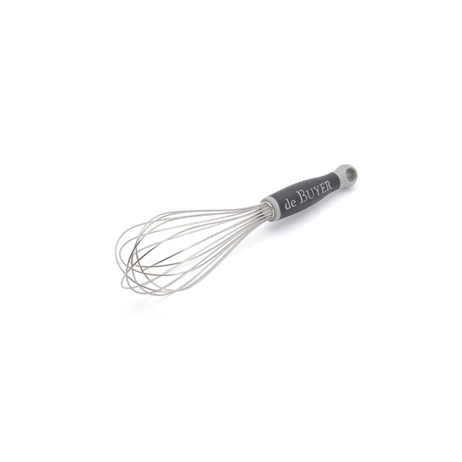 Robuster 25 cm Schwingbesen aus Edelstahl mit ergonomischem Gummigriff von de Buyer, ideal für das einfache Vermengen und Aufschlagen von Teigen.