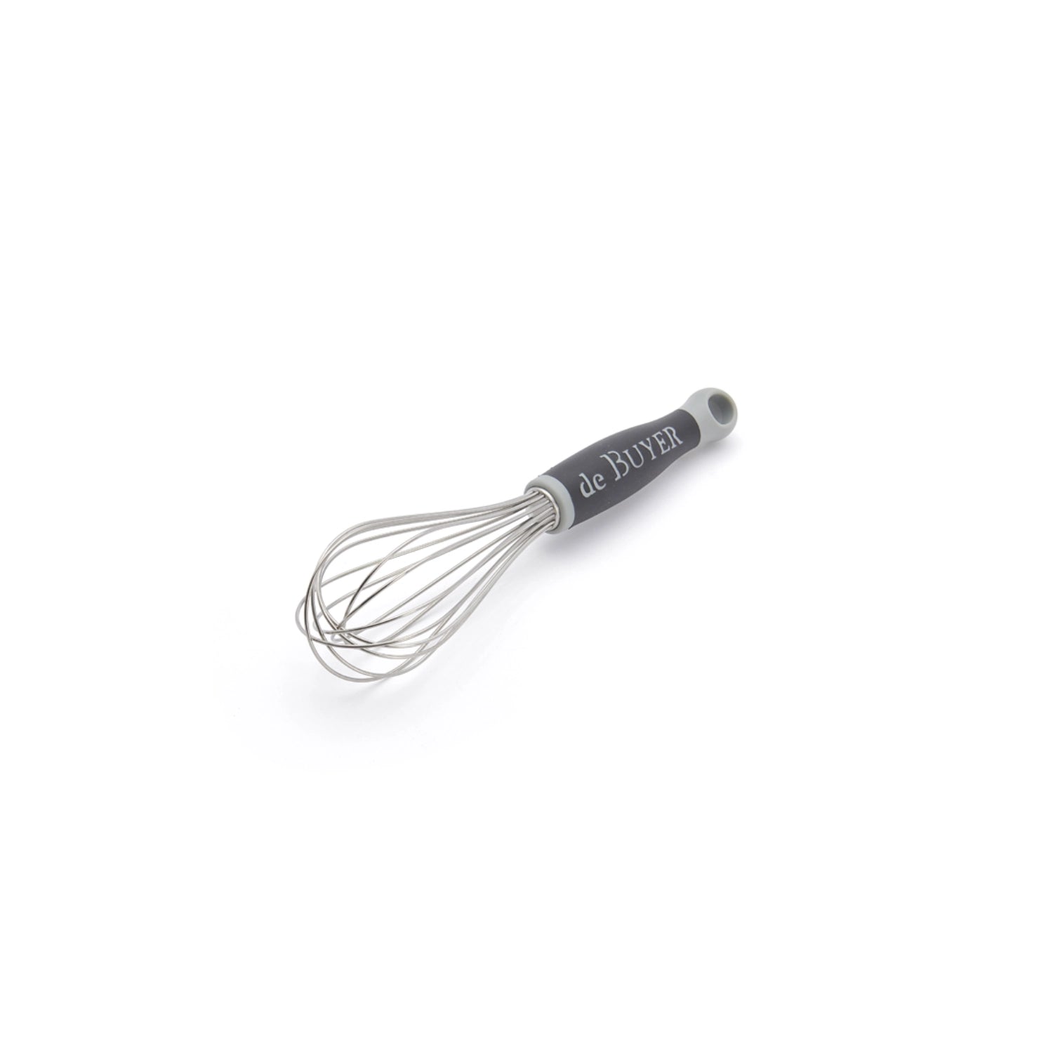 Hochwertiger 25 cm Schneebesen aus Edelstahl mit rutschfestem Gummigriff von de Buyer, perfekt zum Schlagen und Mischen von Zutaten in der Küche.