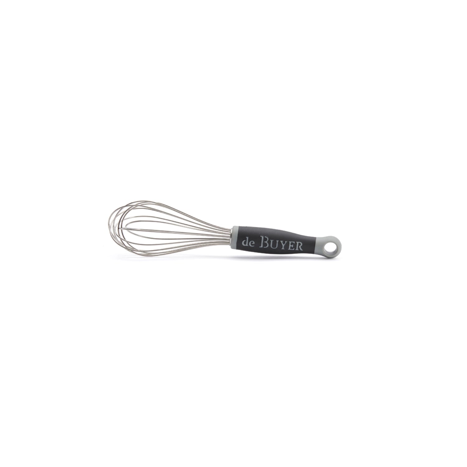 Robuster 25 cm Schwingbesen aus Edelstahl mit ergonomischem Gummigriff von de Buyer, ideal für müheloses Rühren und Schlagen in der Küche.