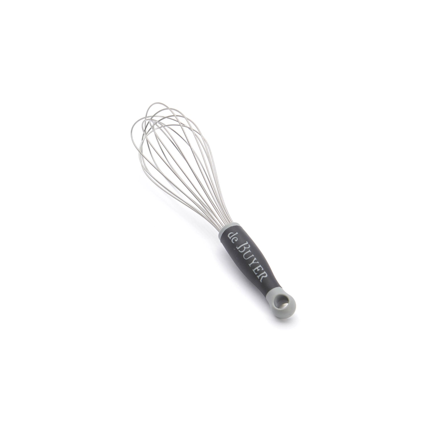 Hochwertiger 25 cm Schneebesen aus Edelstahl mit rutschfestem Gummigriff von de Buyer, perfekt zum einfachen Mischen und Schlagen von Zutaten.