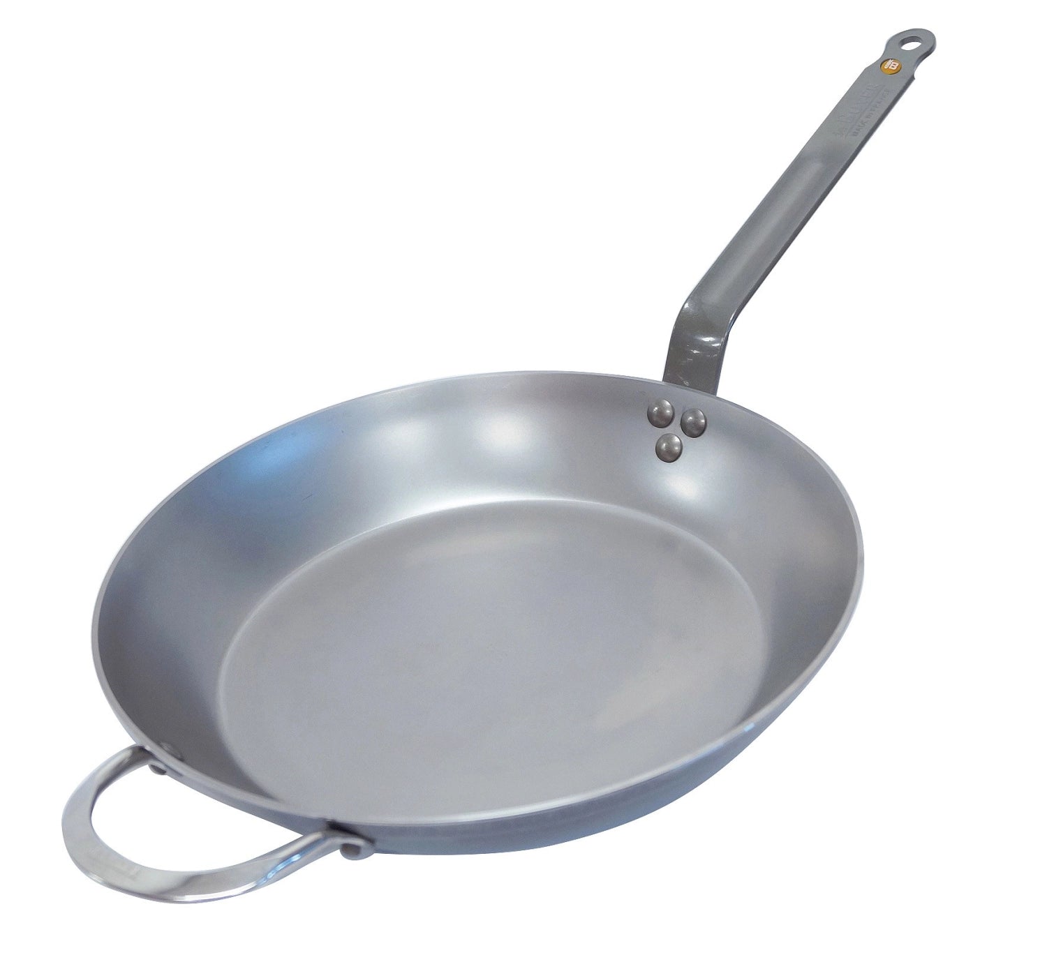 Robuste Eisenpfanne MINERAL B ELEMENT Ø 36cm von de Buyer, perfekt für Induktionsherde, ausgestattet mit einem praktischen Gegengriff für einfaches Handling.
