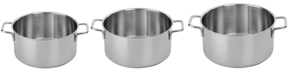 Elegantes 3-teiliges Kochtopfset von Demeyere Apollo, ideal für vielseitige Kochanwendungen, langlebig und funktional für jede Küche.