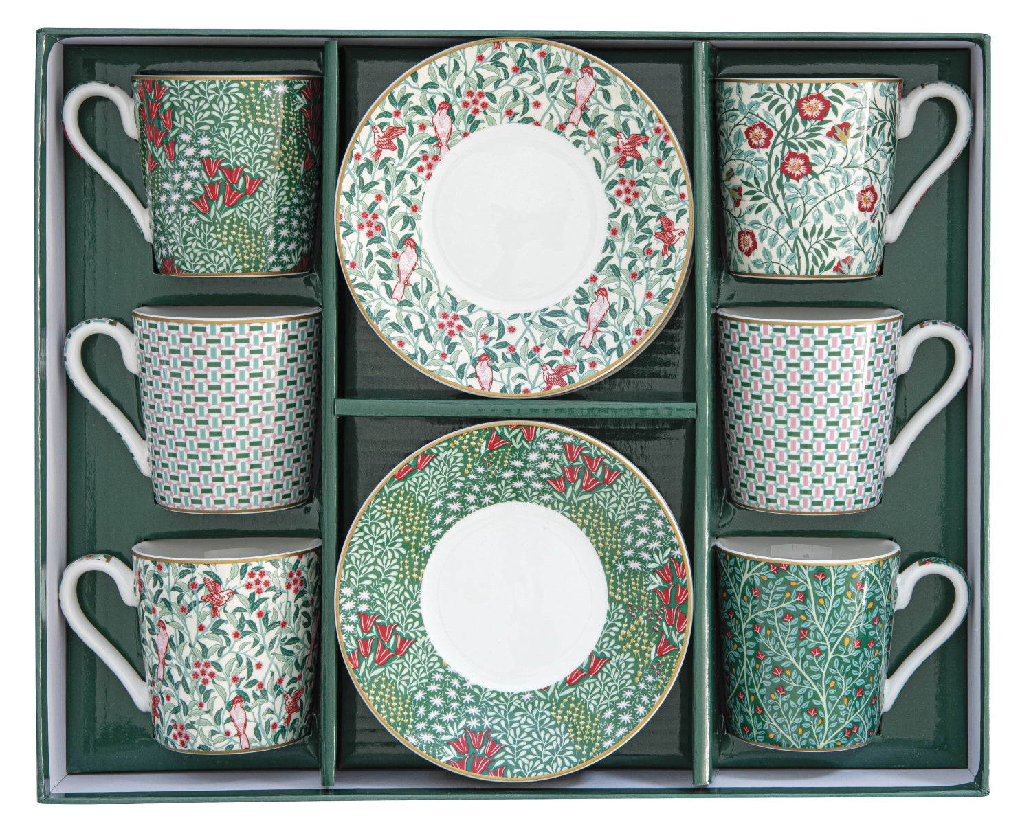 Set aus 6 stilvollen Espressotassen mit passenden Untertassen im blühenden Floral Fantasy Design, ideal für besondere Anlässe und Kaffeegenuss.