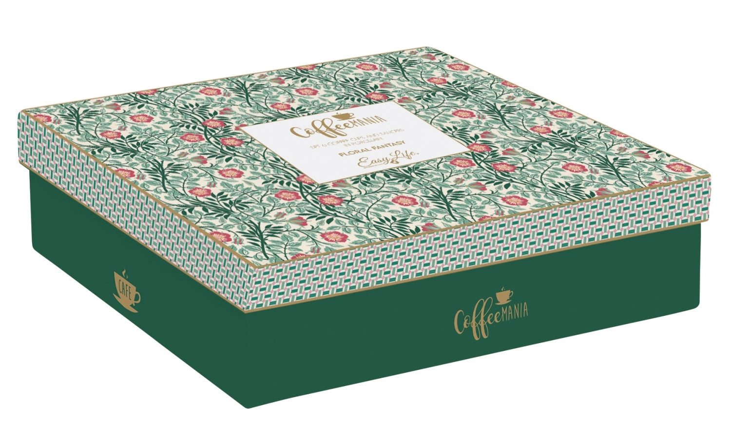 Elegantes Set aus 6 Espressotassen mit Untertassen im floralen Design, perfekt für Kaffeeliebhaber und festliche Anlässe.