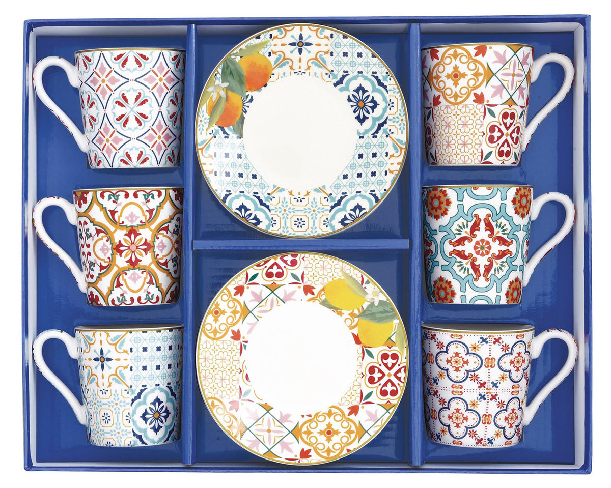 Sechs Espressotassen mit Untertassen im Blumendekor aus Keramik, Coffee Mania von Easy Life