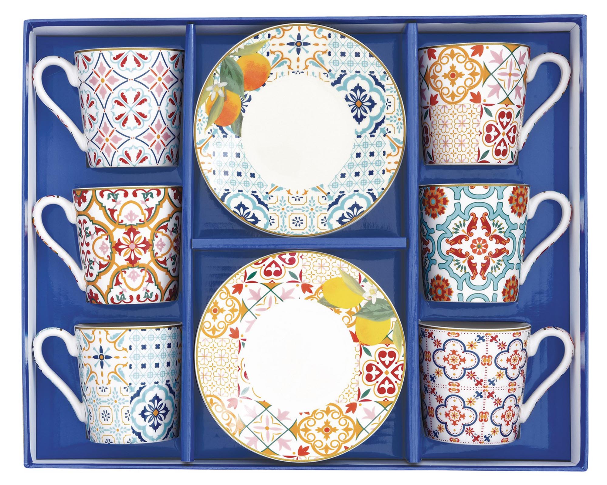 Sechs elegante Espressotassen mit Untertassen im floralen Design, ideal für Kaffeeliebhaber, von Easy Life, 100ml Fassungsvermögen.