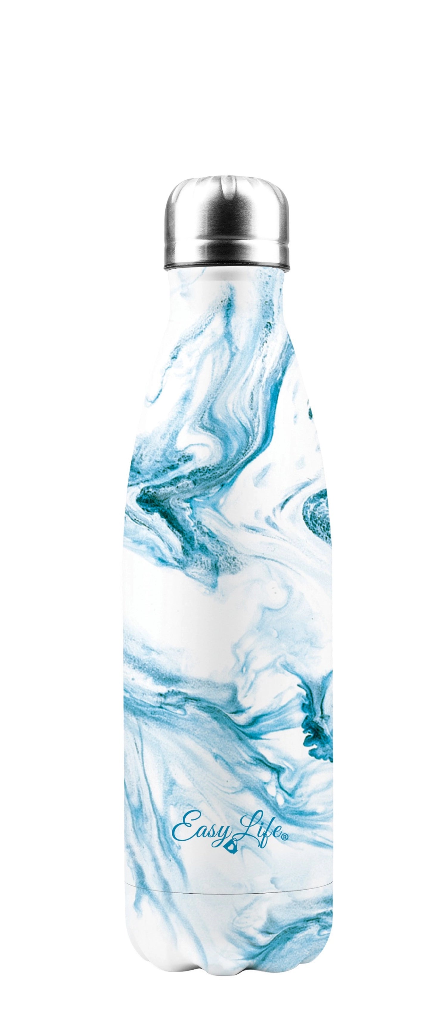 Entdecken Sie die doppelwandige Isolierflasche 500ml Aqua von Easy Life. Ideal für heiße und kalte Getränke, umweltfreundlich und spülmaschinengeeignet.
