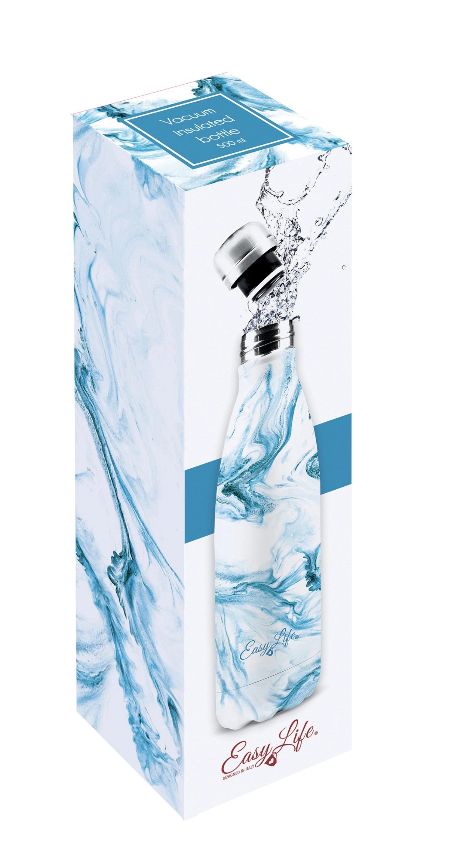 Erleben Sie die doppelwandige Isolierflasche 500ml Aqua von Easy Life – stilvoll, funktional und perfekt für unterwegs. Hält Getränke lange warm oder kalt!