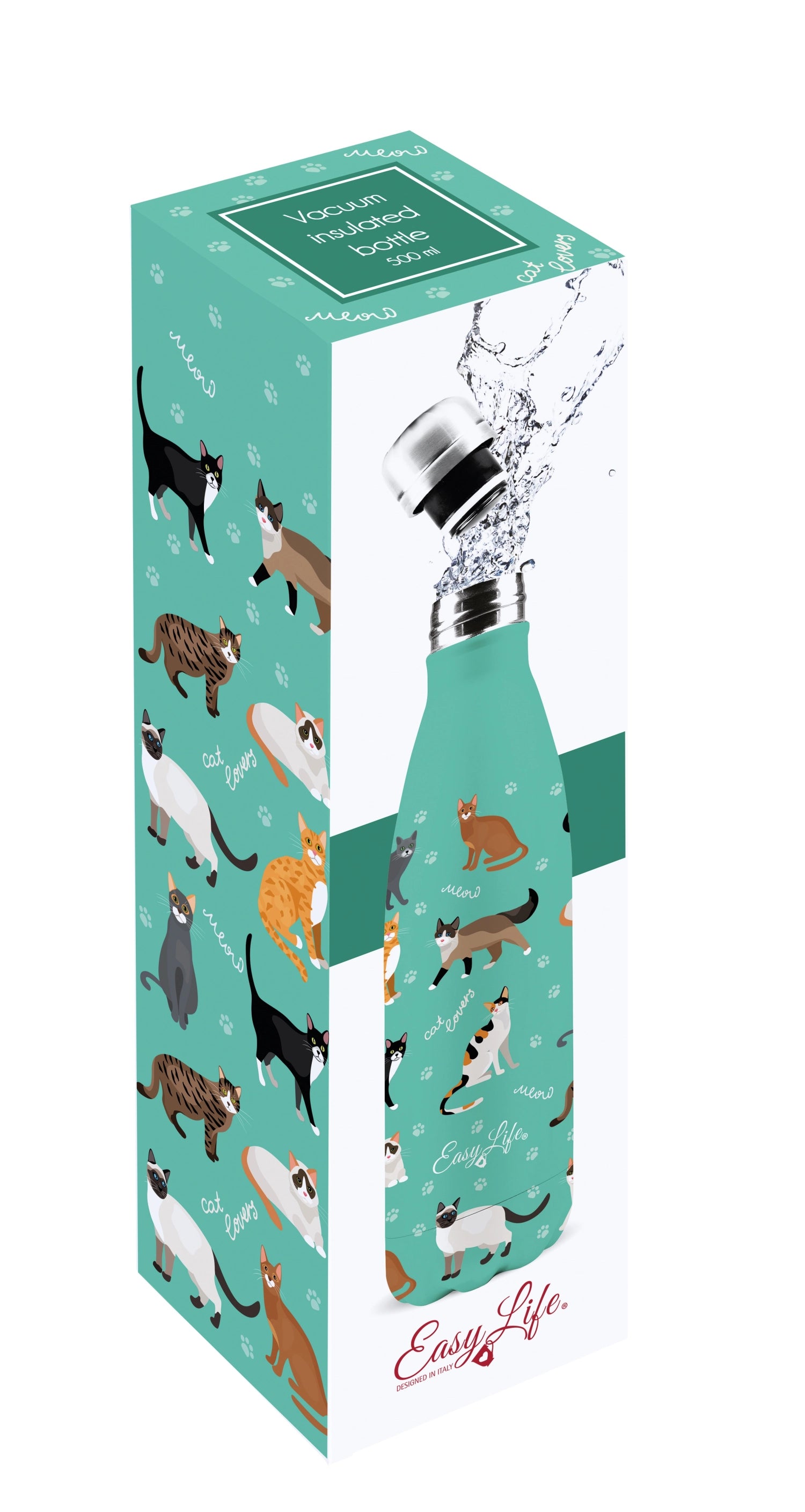 Stylische 500ml Isolierflasche mit Katzen-Design von Easy Life, doppelwandig für optimale Temperaturhaltung, ideal für Reisen und Alltag.