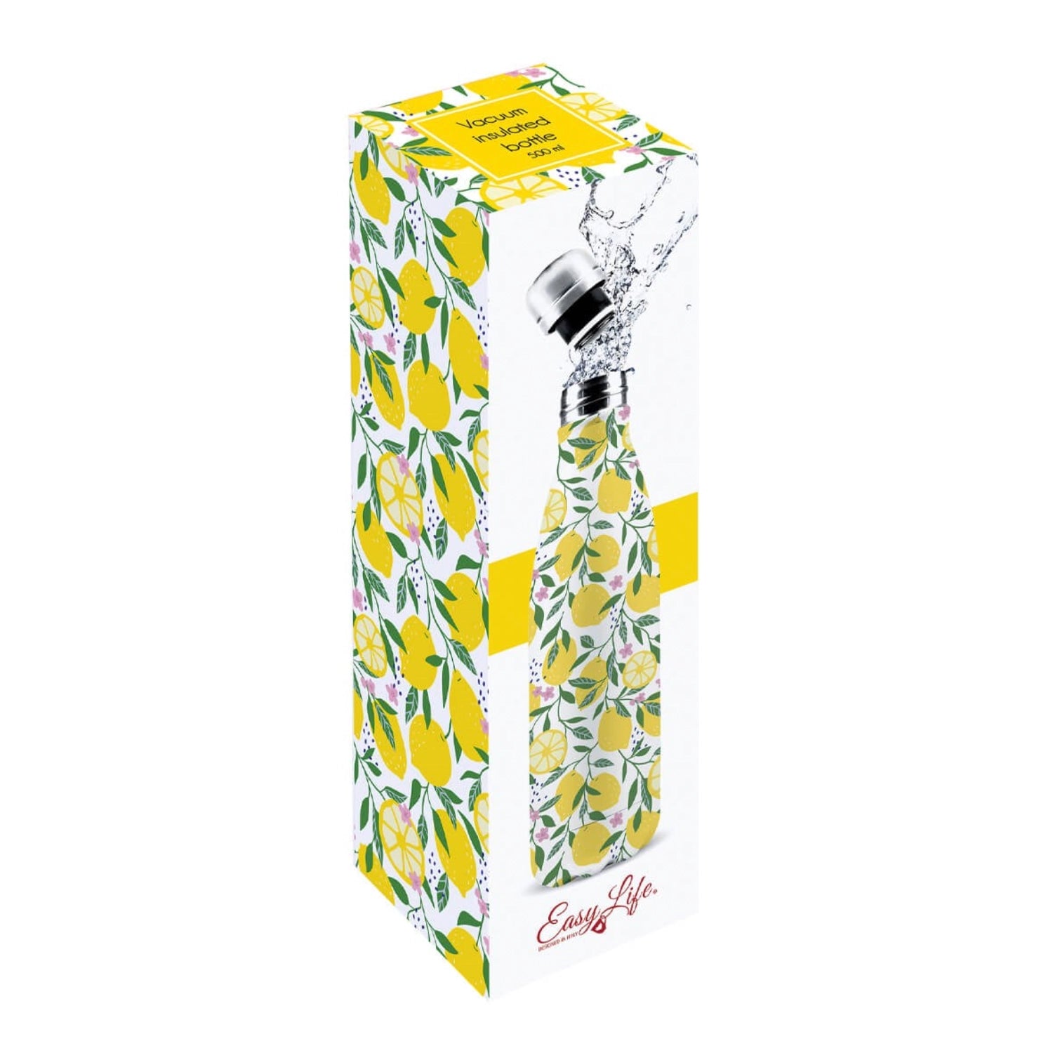 Stylische 500ml Isolierflasche in leuchtendem Lemon, perfekt für heiße und kalte Getränke, doppelwandig für optimale Temperaturhaltung von Easy Life.