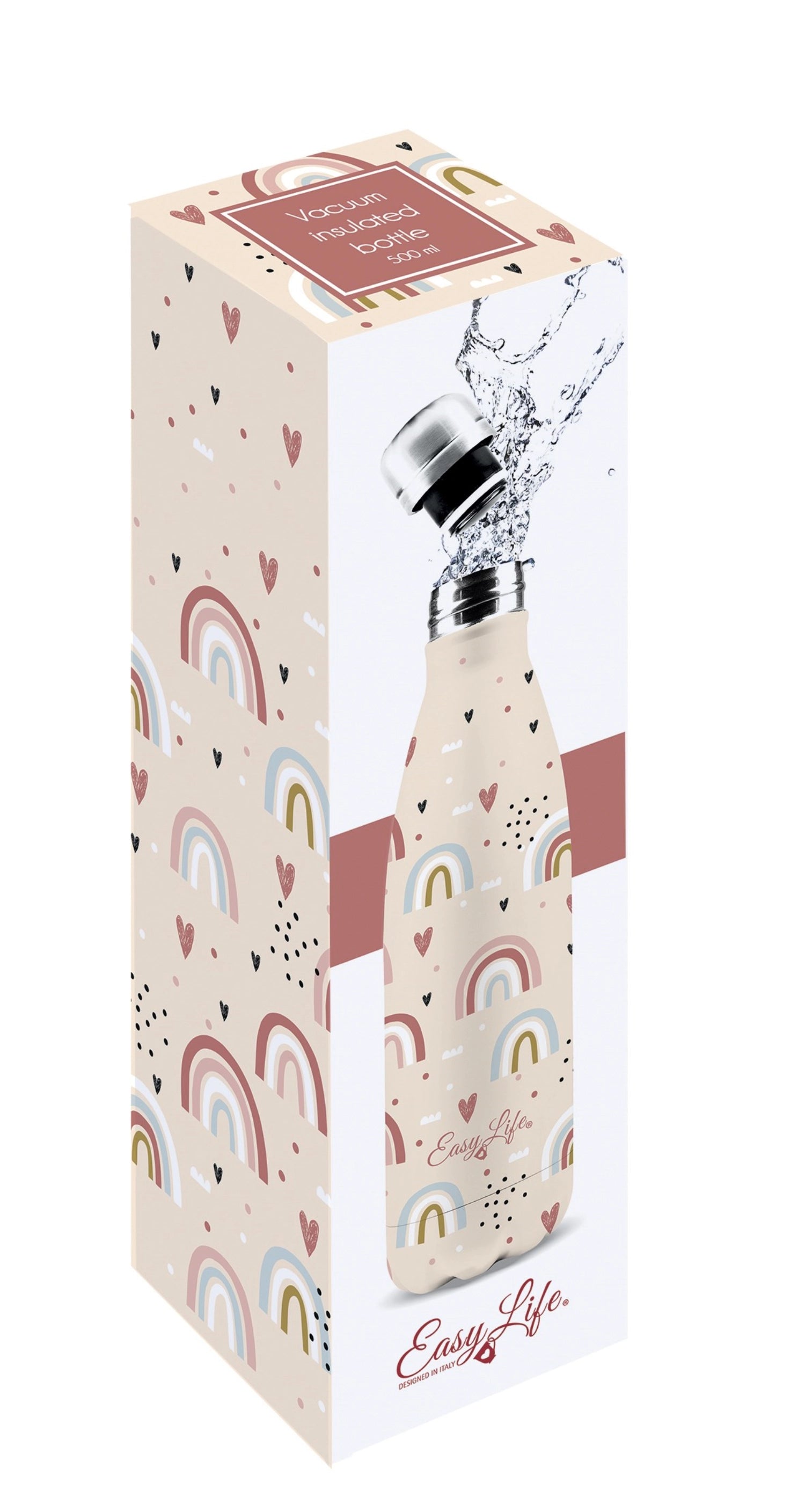 Bunte Isolierflasche mit doppelter Wand, 500ml, im Rainbow-Design von Easy Life, perfekt für heiße und kalte Getränke unterwegs.
