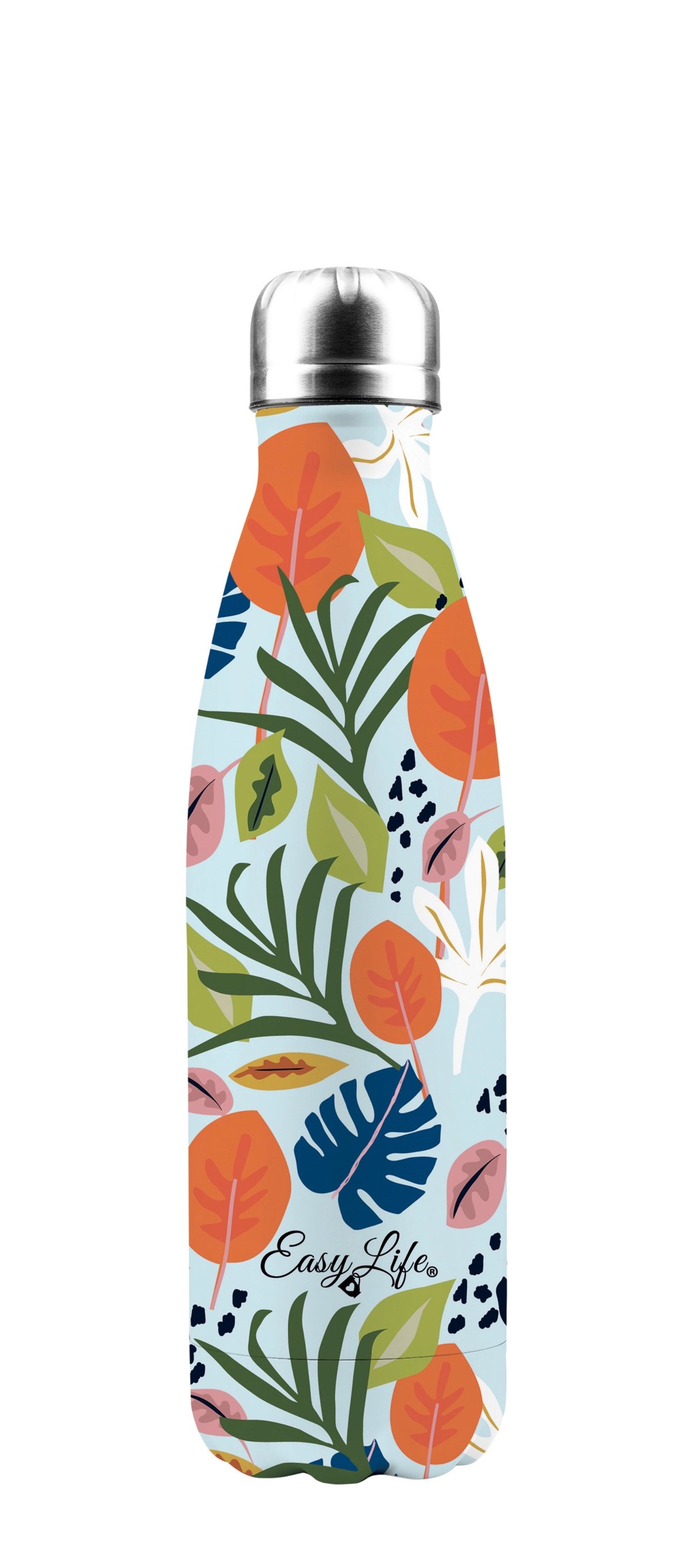 Entdecken Sie die doppelwandige Isolierflasche 500ml "Tropical Vibes" von Easy Life. Ideal für unterwegs, hält Getränke lange warm oder kalt.