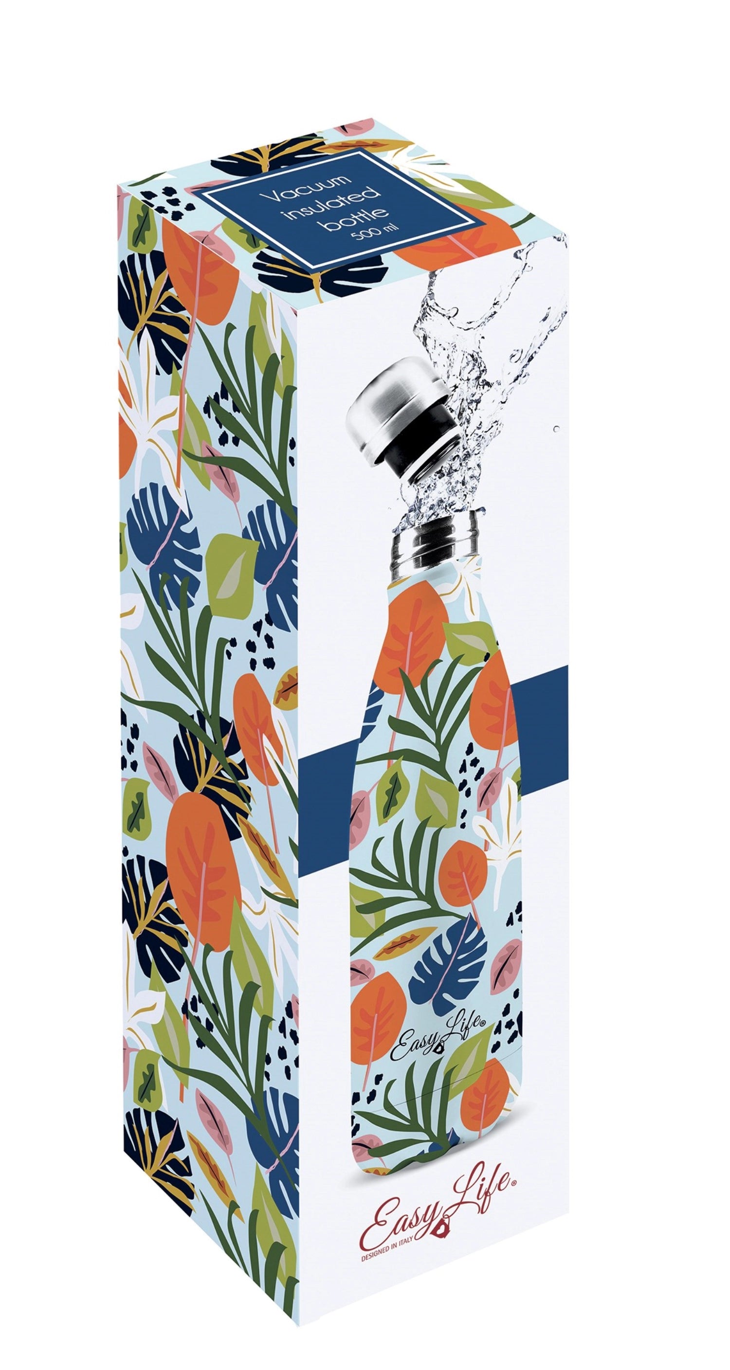 Erleben Sie die doppelwandige Isolierflasche 500ml im fröhlichen "Tropical Vibes" Design von Easy Life – perfekt für jeden Anlass und umweltfreundlich!