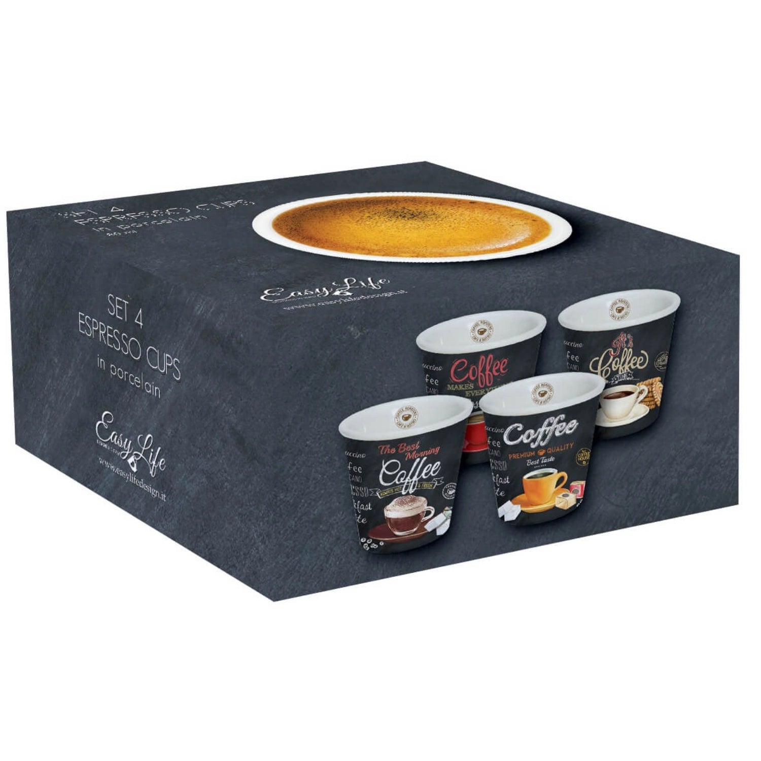 Set aus 4 stilvollen Espressotassen (80ml) mit dem fröhlichen "Its coffee time" Design, perfekt für Kaffeeliebhaber und gesellige Runden.