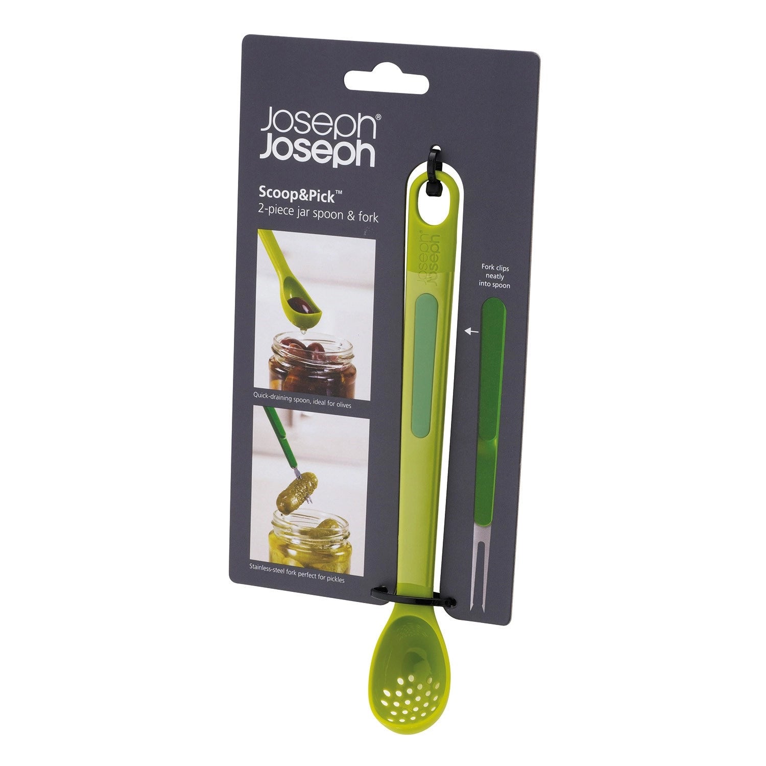 Praktisches 2er Set aus Löffel und Gabel in lebhaftem Grün von Joseph Joseph, perfekt für vielseitige Küchenanwendungen und stilvolles Servieren.