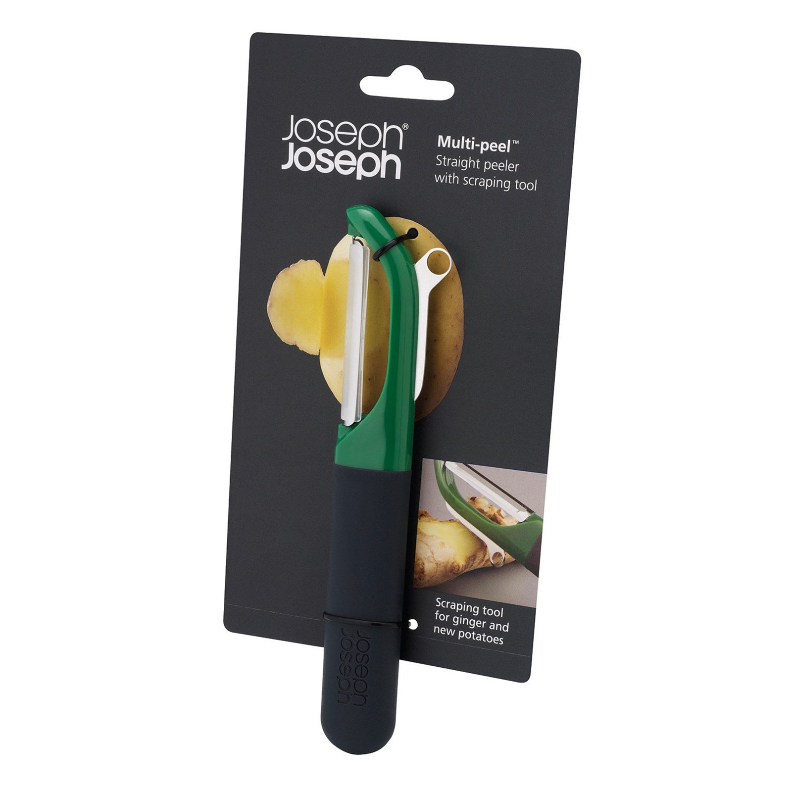 Der MultiPeel Schäler von Joseph Joseph in stilvollem Dunkelgrün ist der perfekte Küchenhelfer für müheloses Schälen von Obst und Gemüse.