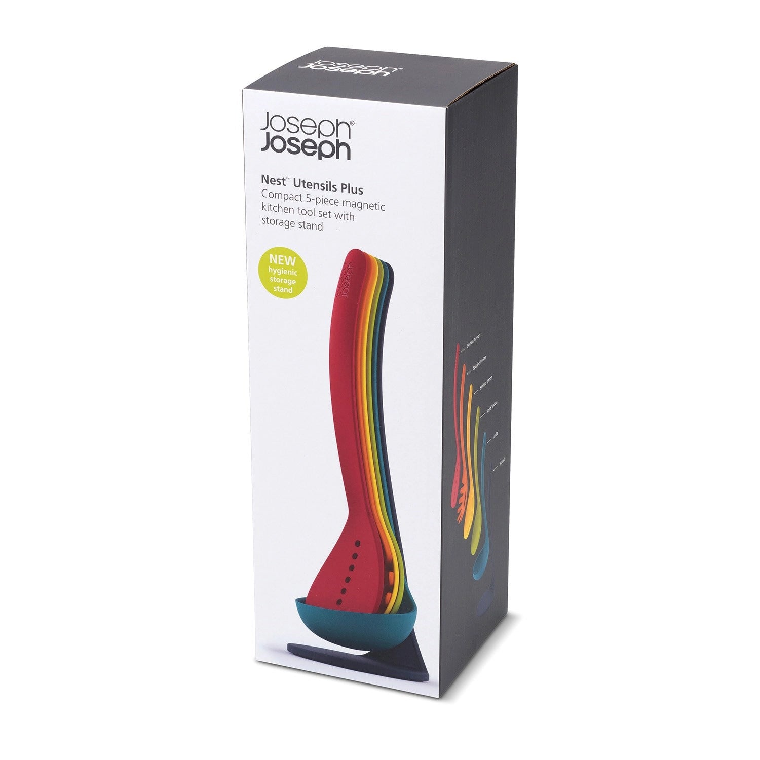 Fünffarbiges, magnetisches Kochutensilien-Set von Joseph Joseph, perfekt für moderne Küchen. Praktische Maße: 33x11cm, vereint Stil und Funktionalität.