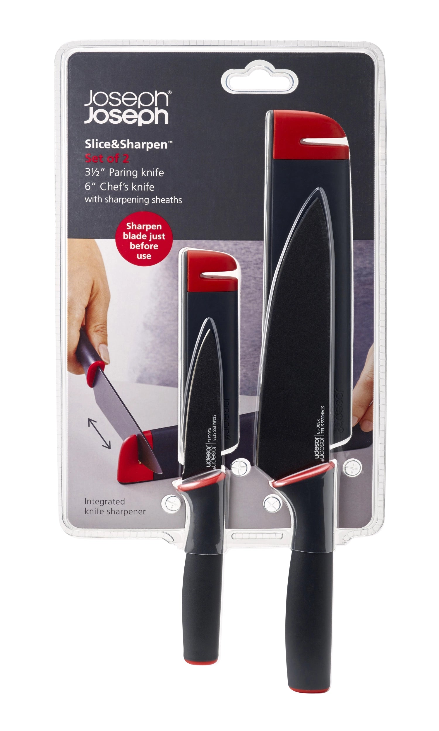 Zweiteiliges Küchenmesser-Set in stilvollem Rot-Grau, ausgestattet mit einem praktischen Schärfer für optimale Schneideleistung und Komfort.