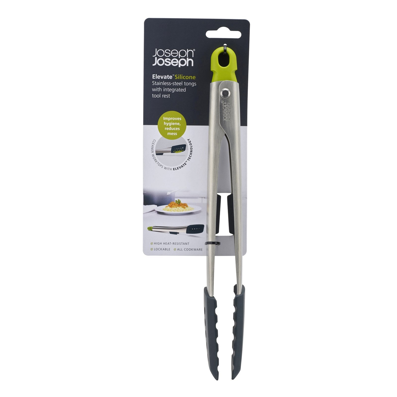 Entdecken Sie die Joseph Joseph Elevate Silikon Zange in grün (30.5 cm) – hitzebeständig, flexibel und hygienisch. Perfekt für sicheres Greifen und Servieren!