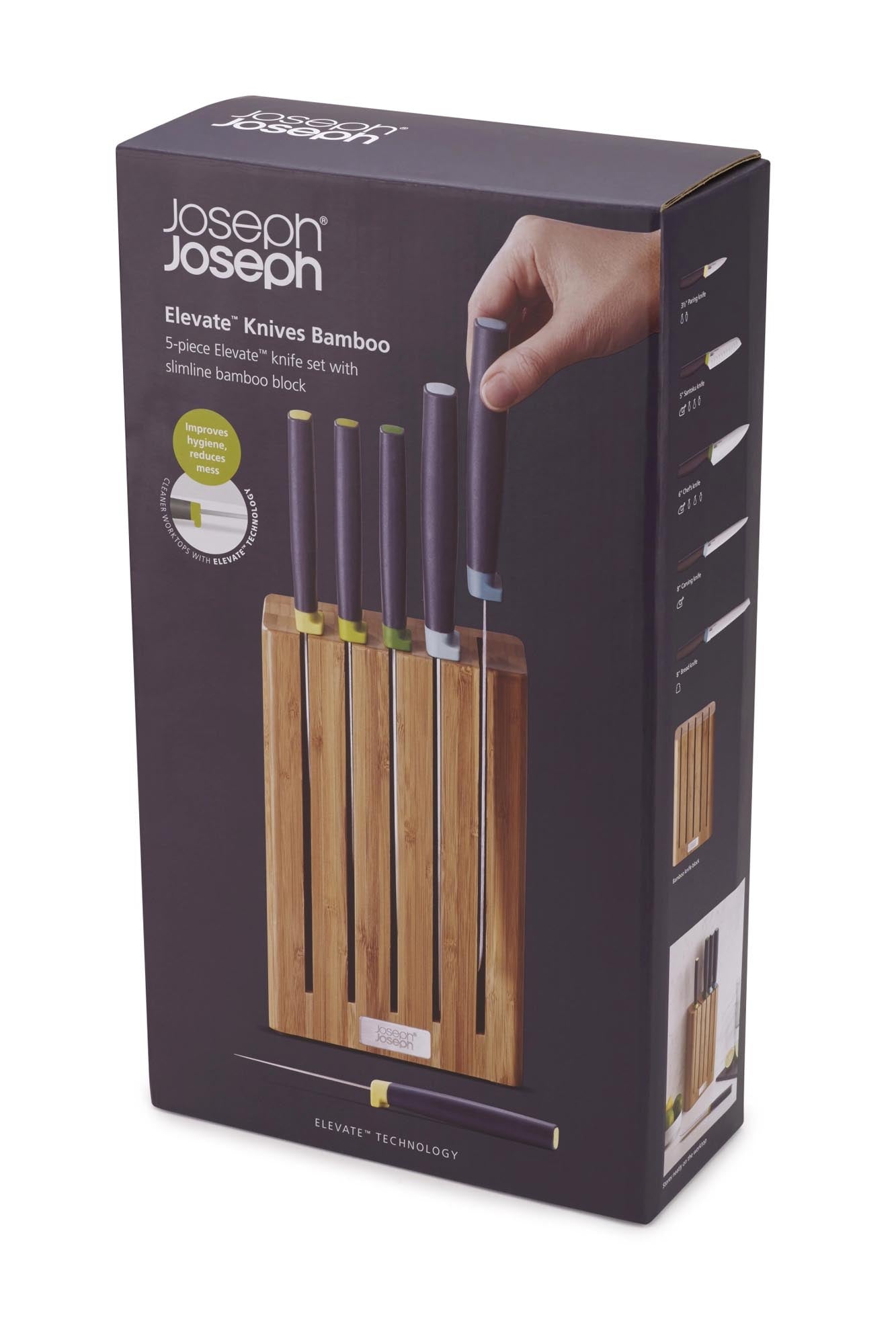 Eleganter 5-tlg. Elevate Messerblock aus Bambus von Joseph Joseph: Schäl-, Koch-, Santoku- und Brotmesser mit innovativer Aufhängung.