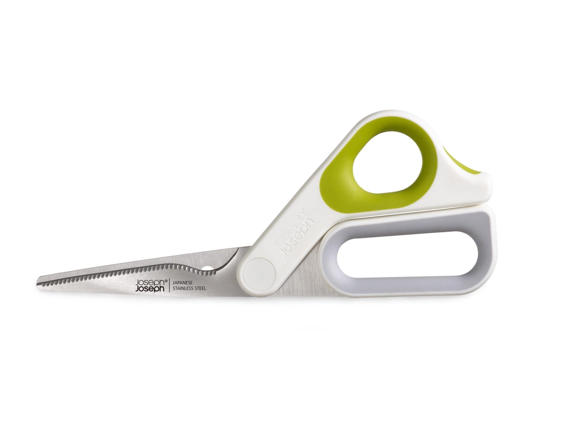 Elegante Joseph Joseph PowerGrip Küchenschere in Weiss-Grün, ergonomisch, rutschfest, aus Edelstahl, ideal für Fleisch, Fisch, Gemüse.