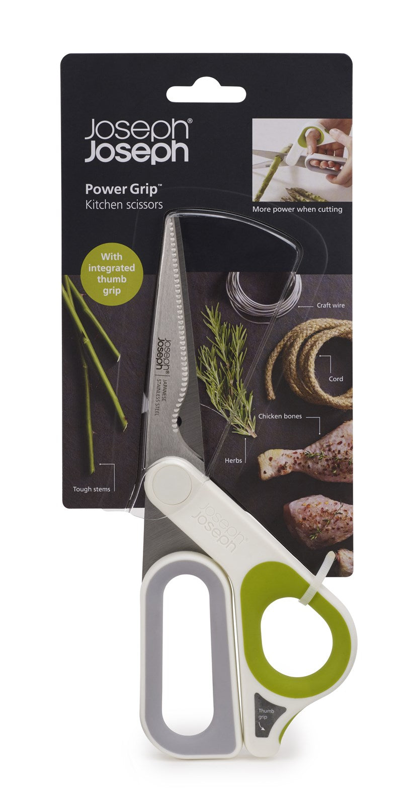 Die Joseph Joseph PowerGrip Küchenschere in Weiß und Grün vereint stilvolles Design mit Funktionalität. Ergonomisch, rutschfester Griff, ideal für vielseitige Schneidarbeiten.