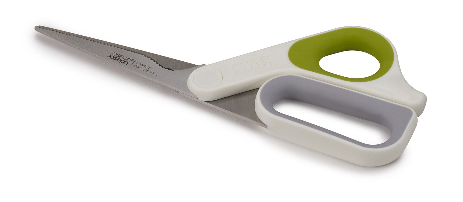 Elegante Joseph Joseph PowerGrip Küchenschere in Weiss-Grün, ergonomisch, rutschfest, aus Edelstahl, ideal für Fleisch, Fisch, Gemüse.