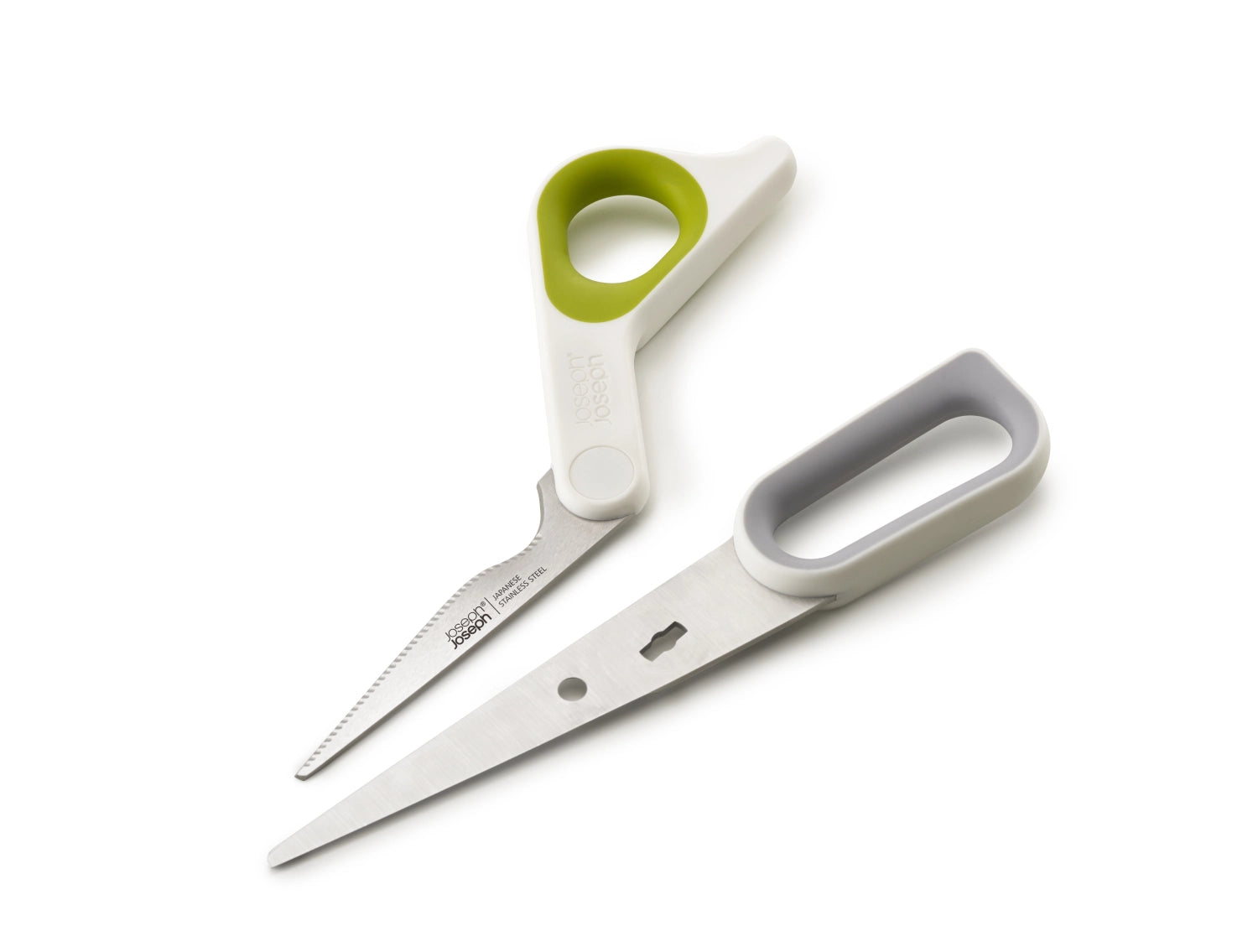 Praktische PowerGrip Küchenschere in modernem Weiß und Grün, ideal für präzises Schneiden in der Küche, Maße: 22.4x9.1x1.8cm.