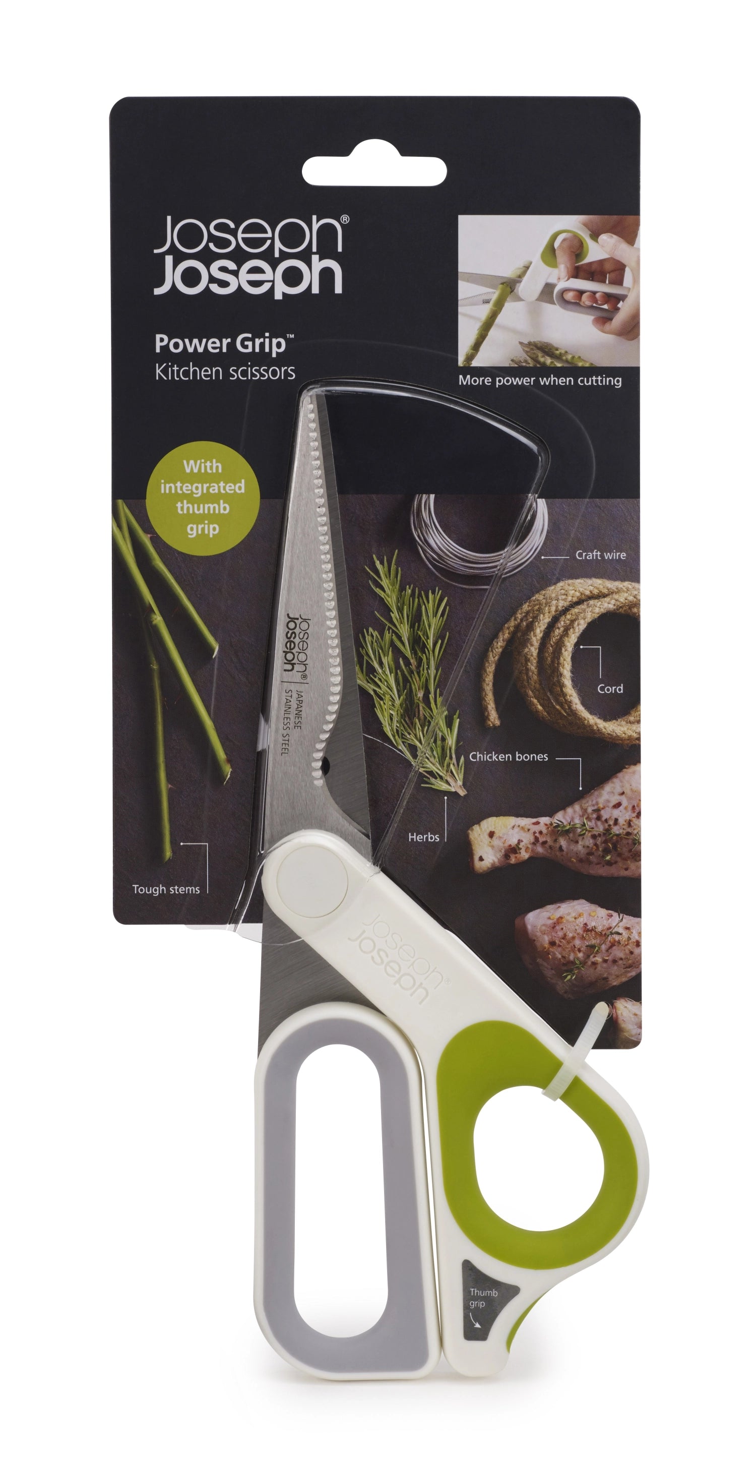 Praktische PowerGrip Küchenschere in modernem Weiß und Grün, ideal für präzises Schneiden in der Küche, Maße: 22.4x9.1x1.8cm.
