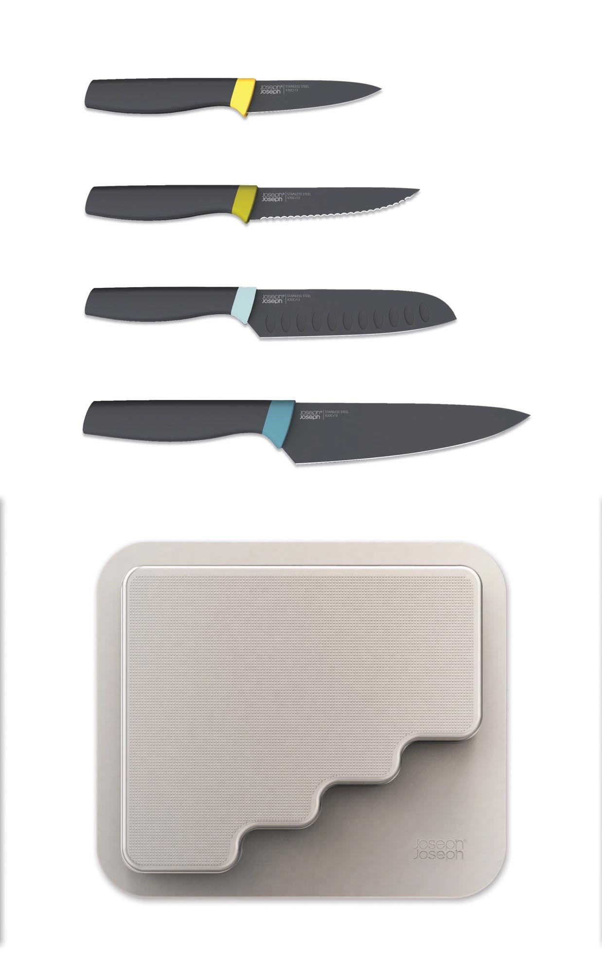 Entdecke das DoorStore Elevate Messer-Set von Joseph Joseph: 4 präzise Edelstahlmesser, ergonomisch, hygienisch und perfekt für jede Kochumgebung.