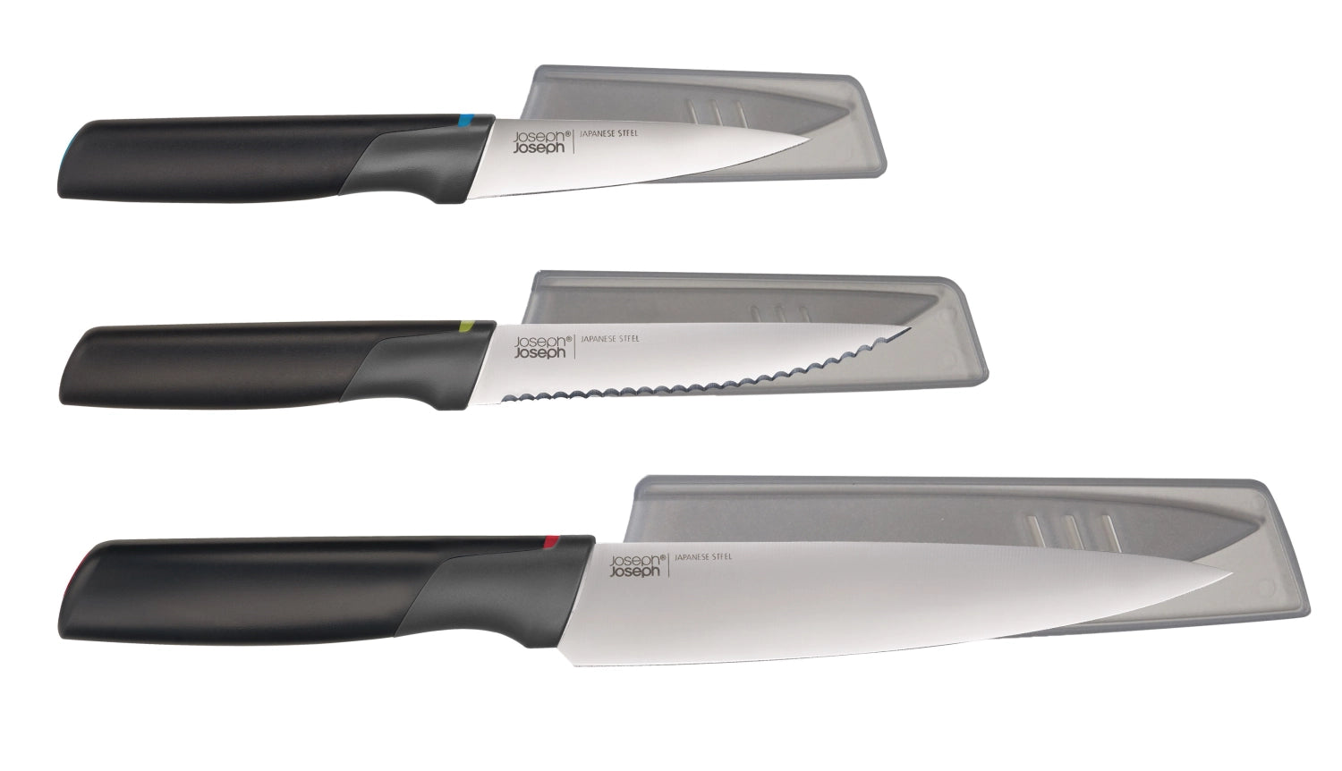 Entdecken Sie das 3-tlg. Elevate Messer-Set von Joseph Joseph. Hygienisch, ergonomisch und aus hochwertigem japanischem Stahl – ideal für jede Küchenaufgabe!