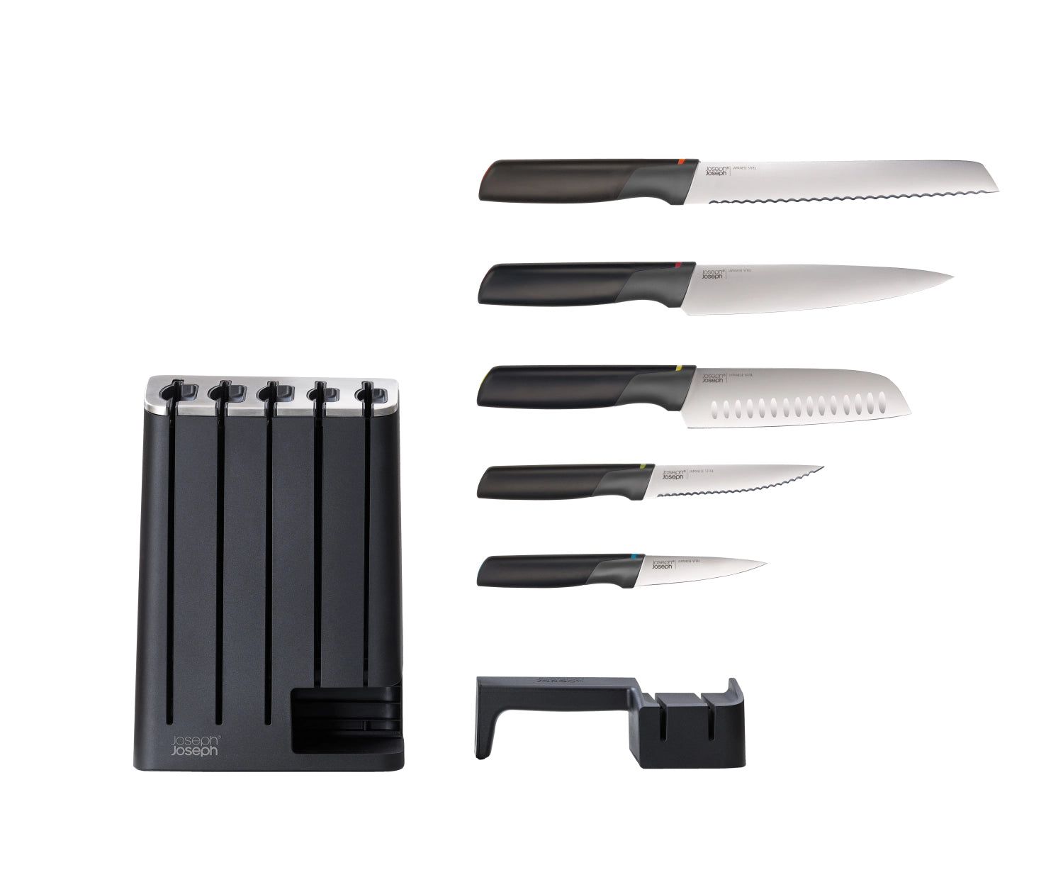 Eleganter Messerblock von Joseph Joseph mit 5 hochwertigen Messern, ideal für stilbewusste Küchen und kreative Kochliebhaber.