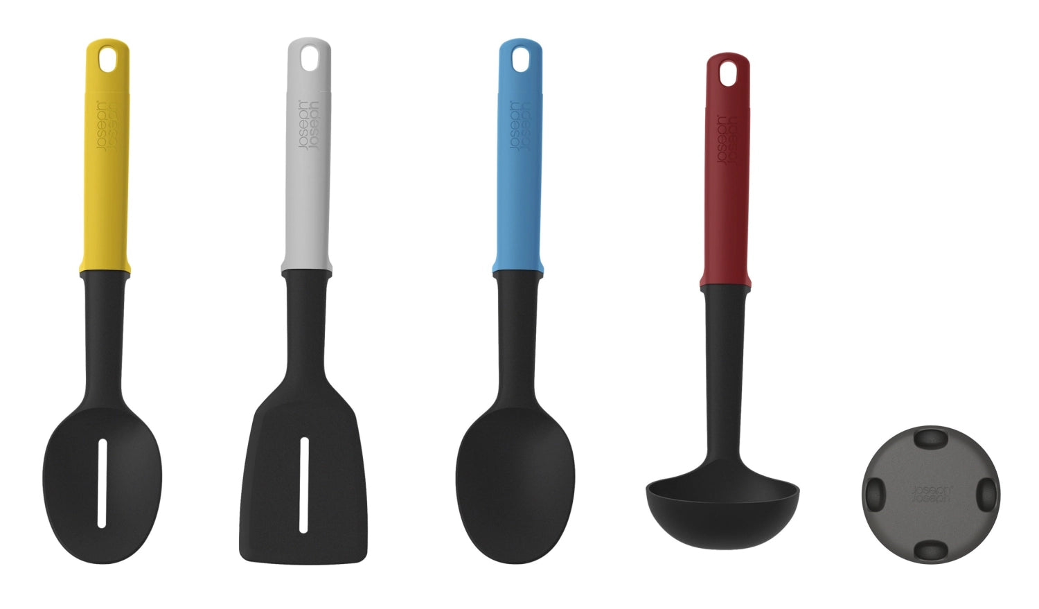 Elegantes 4-teiliges Kochbesteckset von Joseph Joseph, inklusive praktischem Ständer, perfekt für stilvolles Kochen und einfache Aufbewahrung.