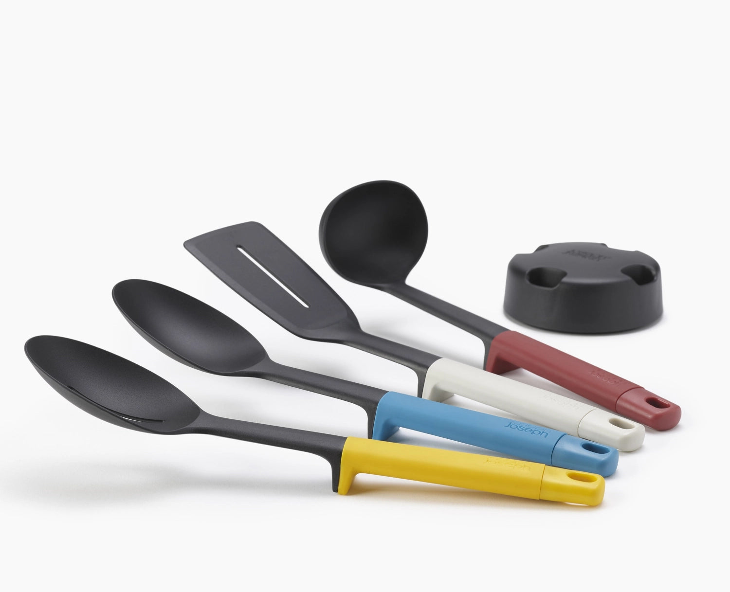 Modernes 4-teiliges Kochbesteckset von Joseph Joseph mit praktischem Ständer, ideal für effizientes Kochen und platzsparende Aufbewahrung.