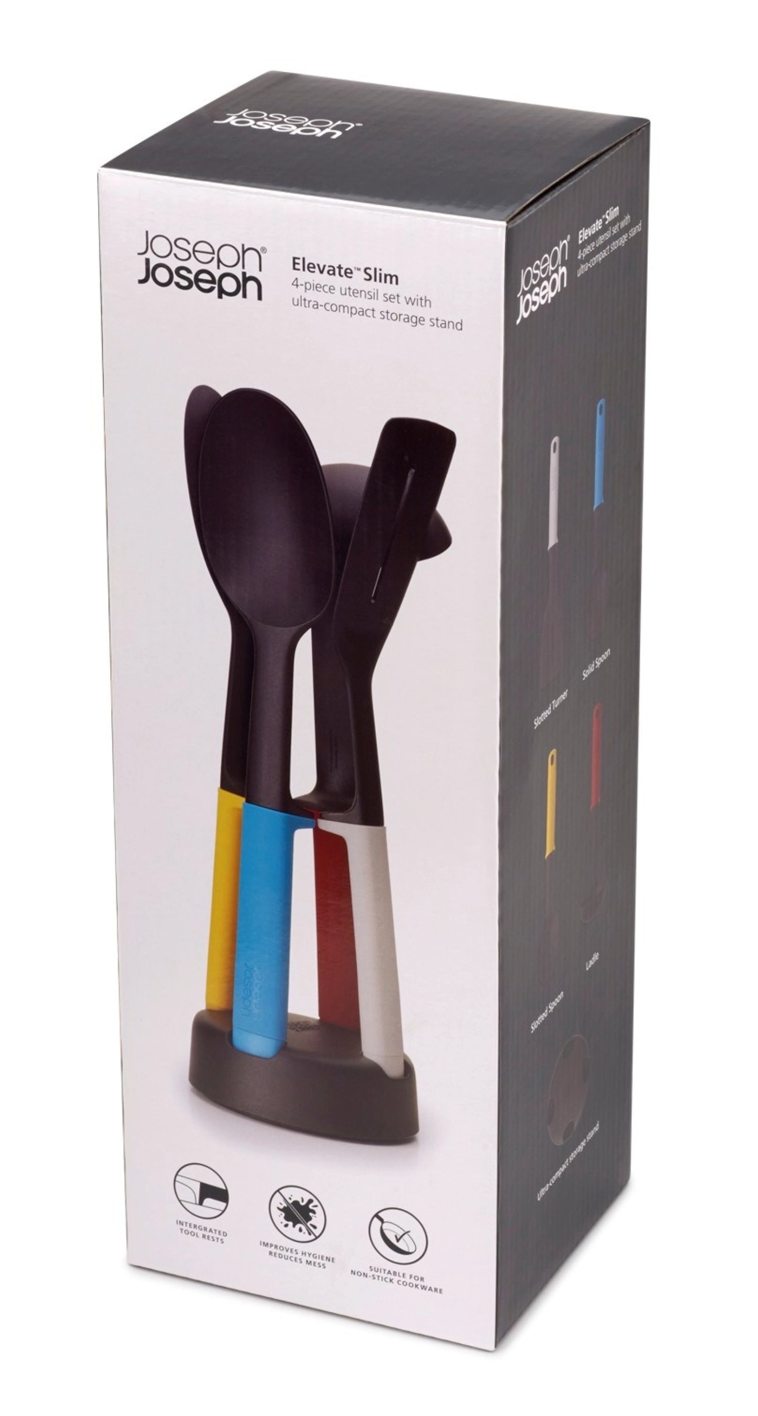 Hochwertiges 4-teiliges Kochbesteckset von Joseph Joseph, ideal für moderne Küchen, mit praktischem Ständer für optimale Aufbewahrung und Zugriff.