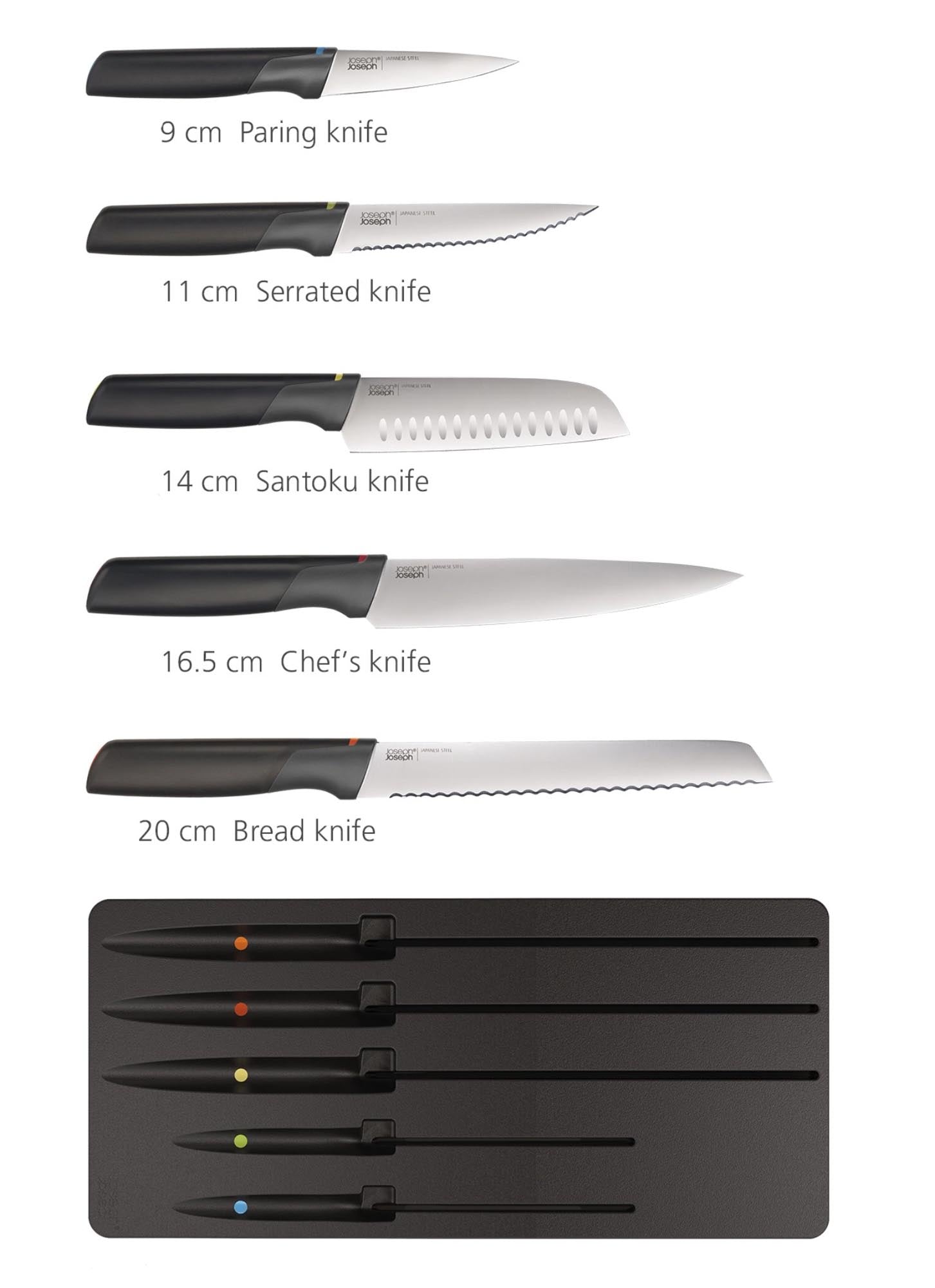 Elegantes 5-teiliges Messer-Set mit platzsparender Schubladenlösung.