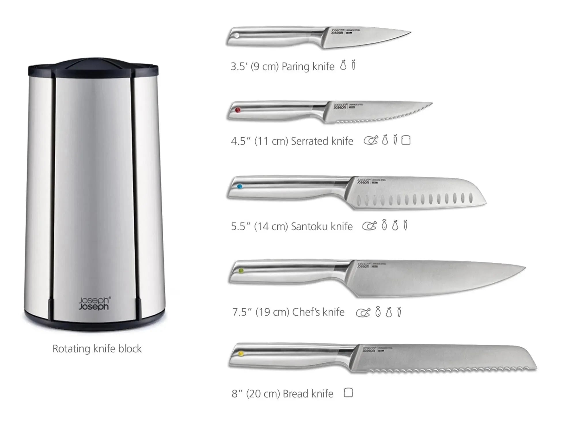 Elegantes Edelstahl-Messerkarussell von Joseph Joseph, 5-teilig.